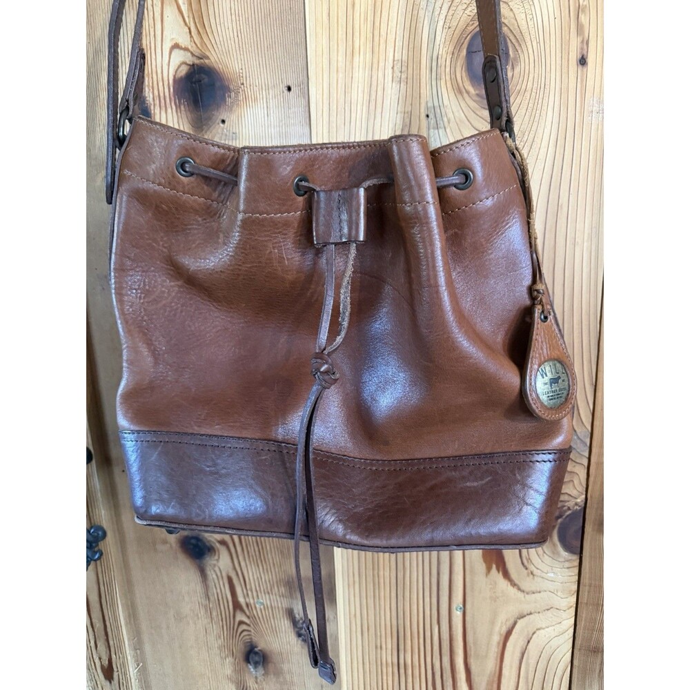 Will Leather Goods Brown Leather Bucket Bag Adjustable Strap Drawstring Closure